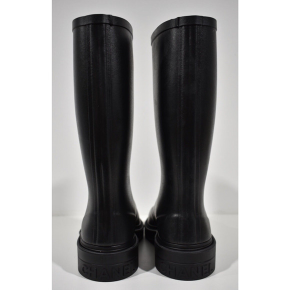 Chanel REV Black White Caoutchouc CC Logo High Pull On Rubber Rain Boots 42 - Picture 11 of 12